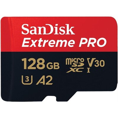 Карта памет SANDISK Extreme PRO microSDXC, 128GB, Class 10 U3, A2, V30, 90 MB/s с адаптер до SD